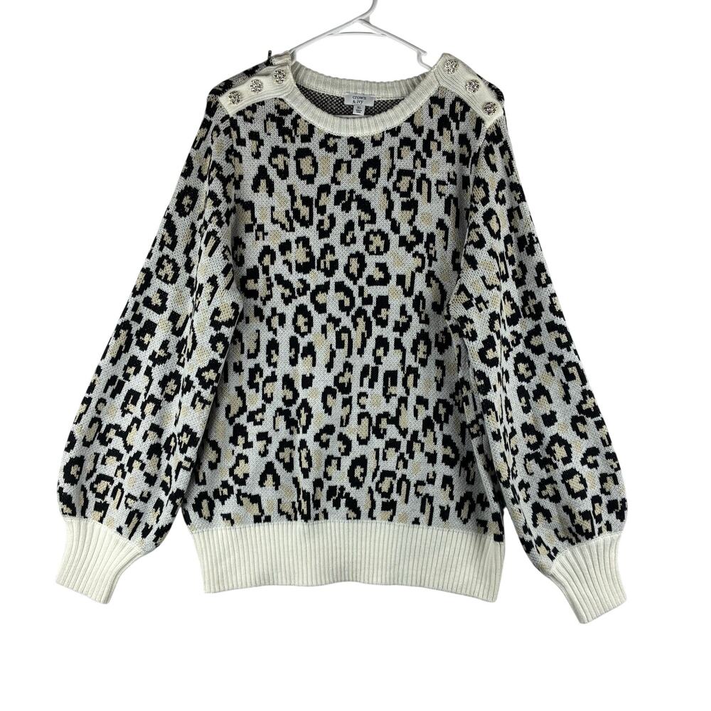 Crown & Ivy Leopard Print Sweater XL Rhinestone Shoulder Button Knit Pullover